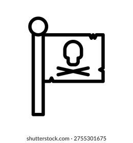 A simple outline illustration of a pirate flag featuring a skull and crossbones design, symbolizing danger, adventure, or piracy.