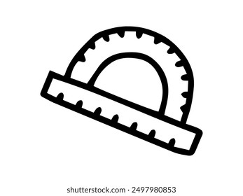 Simple outline illustration of protractor in black and white with a minimalistic design. Concept of geometry, education, mathematics, and school supplies. Print, icon, design element. Back to School.