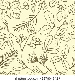 Simple outline illustration seamless pattern. Different winter foliage, floral and flower vector texture. Christmas plants concept. Background, wallpaper, wrapping paper, textile design