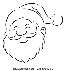 Simple outline illustration of a smiling Santa Claus head, featuring classic details like a fluffy hat and cheerful expression.