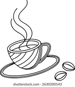 Simple outline illustration of a steaming coffee cup with coffee beans for design