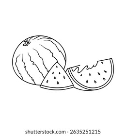 Simple outline illustration of a whole watermelon and two slices with seeds on white background