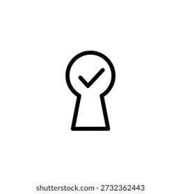 Simple outline of a keyhole containing a small tick mark, symbolizing successful access and security authorization