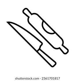 Eslabón simple de cuchillo de cocina e icono vector salchicha. Dibujo de línea negra o caricatura ilustrativa de utensil de cocina y de sándwich sobre fondo blanco. Comida, concepto de cocina