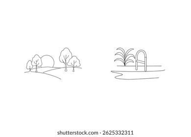 Simple Outline Landscape With Trees And Sunset Beside Poolside Chair Relaxing