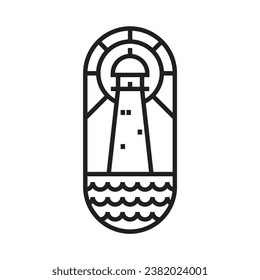 simple outline of a lighthouse tower above the sea and in front of the sun and mountains logo vector