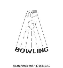 Simple outline logo bowling alley with skittles and ball. Vector illustration