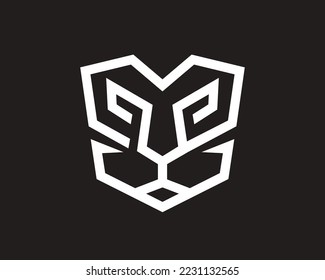 Sencillo logo de contorno de cabeza de león con fondo negro.