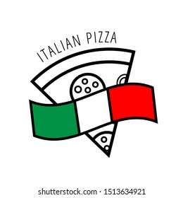 Simple outline logo with slice of pizza, Italian flag and text. Vector emblem for food products, cafe, restaurant, delivery, pizzeria, bakery. Brand design