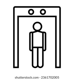 Simple outline of man walking through body scanner vector icon. Black line drawing or cartoon illustration of man at metal detector on white background. Security, traveling concept