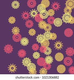 Simple Outline Mandalas on Square Background. Cute Ethnic Pattern with Round Lacy Medallions In Indian, Moroccan or Mexican Style. Bright Tribal Background for Orient Design. Vector
