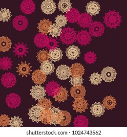 Simple Outline Mandalas on Square Background. Amazing Ethnic Pattern with Round Lacy Medallions In Moroccan, Indian or Turkish Style. Bright Tribal Background for Orient Design. Vector