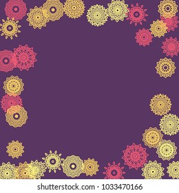Simple Outline Mandalas on Square Background. Amazing Ethnic Pattern with Round Lacy Medallions In Aztec, Mexican or Moroccan Style. Bright Tribal Background for Orient Design. Vector