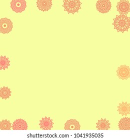 Simple Outline Mandalas on Square Background. Cute Ethnic Pattern with Round Lacy Medallions In Moroccan, Indian or Turkish Style. Bright Tribal Background for Orient Design. Vector