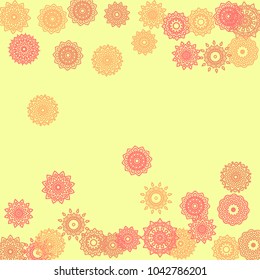 Simple Outline Mandalas on Square Background. Pretty Ethnic Pattern with Round Lacy Medallions In Aztec, Mexican or Moroccan Style. Bright Tribal Background for Orient Design. Vector