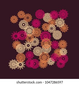 Simple Outline Mandalas on Square Background. Pretty Ethnic Pattern with Round Lacy Medallions In Moroccan, Indian or Turkish Style. Bright Tribal Background for Orient Design. Vector