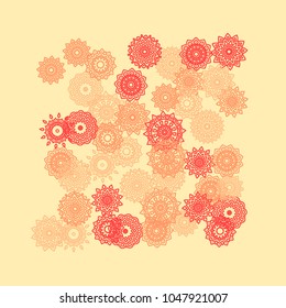 Simple Outline Mandalas on Square Background. Amazing Ethnic Pattern with Round Lacy Medallions In Aztec, Indian or Moroccan Style. Bright Tribal Background for Orient Design. Vector