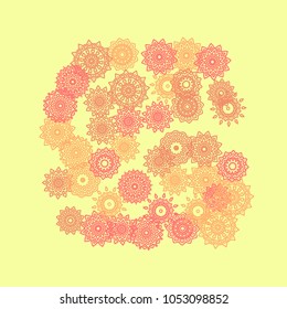 Simple Outline Mandalas on Square Background. Pretty Ethnic Pattern with Round Lacy Medallions In Aztec, Mexican or Moroccan Style. Bright Tribal Background for Orient Design. Vector