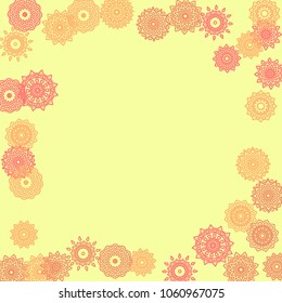 Simple Outline Mandalas on Square Background. Delicate Ethnic Pattern with Round Lacy Medallions In Indian, Moroccan or Mexican Style. Bright Tribal Background for Orient Design. Vector