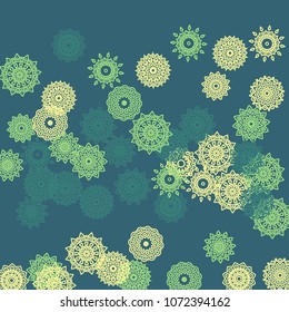 Simple Outline Mandalas on Square Background. Cute Ethnic Pattern with Round Lacy Medallions In Aztec, Indian or Turkish Style. Bright Tribal Background for Orient Design. Vector