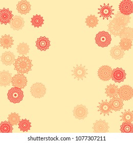 Simple Outline Mandalas on Square Background. Amazing Ethnic Pattern with Round Lacy Medallions In Aztec, Indian or Moroccan Style. Bright Tribal Background for Orient Design. Vector