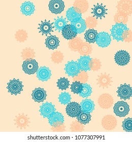 Simple Outline Mandalas on Square Background. Delicate Ethnic Pattern with Round Lacy Medallions In Aztec, Indian or Moroccan Style. Bright Tribal Background for Orient Design. Vector
