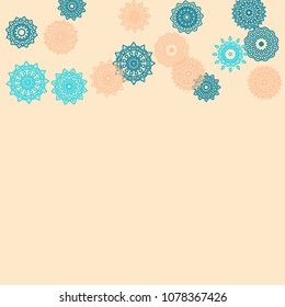 Simple Outline Mandalas on Square Background. Fancy Ethnic Pattern with Round Lacy Medallions In Aztec, Mexican or Moroccan Style. Bright Tribal Background for Orient Design. Vector