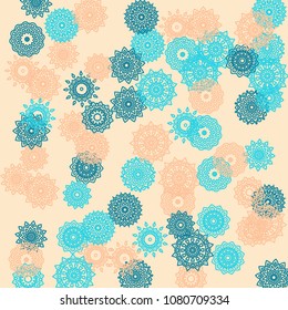 Simple Outline Mandalas on Square Background. Pretty Ethnic Pattern with Round Lacy Medallions In Moroccan, Indian or Turkish Style. Bright Tribal Background for Orient Design. Vector