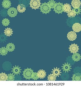 Simple Outline Mandalas on Square Background. Cute Ethnic Pattern with Round Lacy Medallions In Aztec, Indian or Turkish Style. Bright Tribal Background for Orient Design. Vector