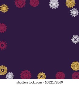 Simple Outline Mandalas on Square Background. Cute Ethnic Pattern with Round Lacy Medallions In Indian, Moroccan or Mexican Style. Bright Tribal Background for Orient Design. Vector