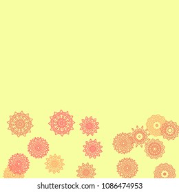Simple Outline Mandalas on Square Background. Cute Ethnic Pattern with Round Lacy Medallions In Moroccan, Indian or Turkish Style. Bright Tribal Background for Orient Design. Vector