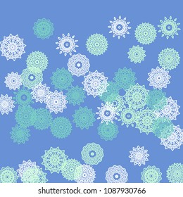 Simple Outline Mandalas on Square Background. Cute Ethnic Pattern with Round Lacy Medallions In Indian, Moroccan or Mexican Style. Bright Tribal Background for Orient Design. Vector