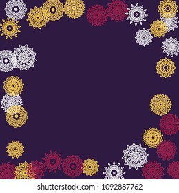 Simple Outline Mandalas on Square Background. Pretty Ethnic Pattern with Round Lacy Medallions In Indian, Moroccan or Mexican Style. Bright Tribal Background for Orient Design. Vector