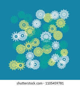 Simple Outline Mandalas on Square Background. Fancy Ethnic Pattern with Round Lacy Medallions In Aztec, Indian or Turkish Style. Bright Tribal Background for Orient Design. Vector