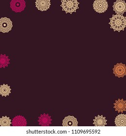 Simple Outline Mandalas on Square Background. Cute Ethnic Pattern with Round Lacy Medallions In Indian, Moroccan or Mexican Style. Bright Tribal Background for Orient Design. Vector