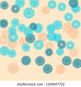 Simple Outline Mandalas on Square Background. Delicate Ethnic Pattern with Round Lacy Medallions In Indian, Moroccan or Mexican Style. Bright Tribal Background for Orient Design. Vector