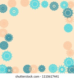 Simple Outline Mandalas on Square Background. Cute Ethnic Pattern with Round Lacy Medallions In Aztec, Mexican or Moroccan Style. Bright Tribal Background for Orient Design. Vector