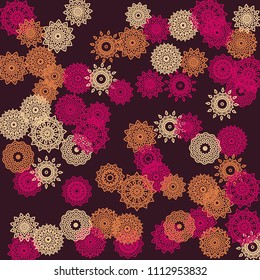 Simple Outline Mandalas on Square Background. Delicate Ethnic Pattern with Round Lacy Medallions In Moroccan, Indian or Mexican Style. Bright Tribal Background for Orient Design. Vector