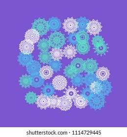 Simple Outline Mandalas on Square Background. Pretty Ethnic Pattern with Round Lacy Medallions In Aztec, Indian or Turkish Style. Bright Tribal Background for Orient Design. Vector