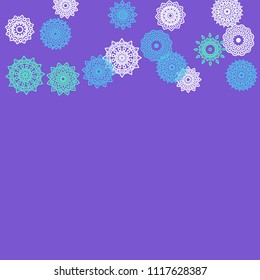 Simple Outline Mandalas on Square Background. Delicate Ethnic Pattern with Round Lacy Medallions In Moroccan, Indian or Mexican Style. Bright Tribal Background for Orient Design. Vector