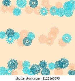 Simple Outline Mandalas on Square Background. Pretty Ethnic Pattern with Round Lacy Medallions In Indian, Moroccan or Mexican Style. Bright Tribal Background for Orient Design. Vector