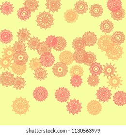 Simple Outline Mandalas on Square Background. Pretty Ethnic Pattern with Round Lacy Medallions In Indian, Moroccan or Mexican Style. Bright Tribal Background for Orient Design. Vector