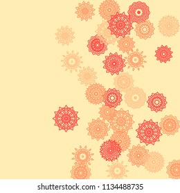 Simple Outline Mandalas on Square Background. Cute Ethnic Pattern with Round Lacy Medallions In Indian, Moroccan or Mexican Style. Bright Tribal Background for Orient Design. Vector