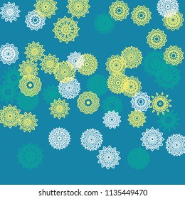 Simple Outline Mandalas on Square Background. Cute Ethnic Pattern with Round Lacy Medallions In Moroccan, Indian or Mexican Style. Bright Tribal Background for Orient Design. Vector