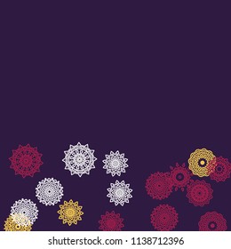 Simple Outline Mandalas on Square Background. Pretty Ethnic Pattern with Round Lacy Medallions In Moroccan, Indian or Mexican Style. Bright Tribal Background for Orient Design. Vector