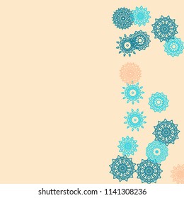 Simple Outline Mandalas on Square Background. Amazing Ethnic Pattern with Round Lacy Medallions In Aztec, Mexican or Moroccan Style. Bright Tribal Background for Orient Design. Vector