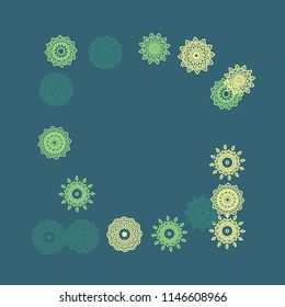 Simple Outline Mandalas on Square Background. Amazing Ethnic Pattern with Round Lacy Medallions In Moroccan, Indian or Turkish Style. Bright Tribal Background for Orient Design. Vector