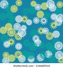 Simple Outline Mandalas on Square Background. Delicate Ethnic Pattern with Round Lacy Medallions In Moroccan, Indian or Turkish Style. Bright Tribal Background for Orient Design. Vector