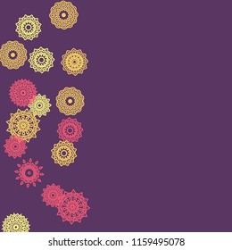 Simple Outline Mandalas on Square Background. Pretty Ethnic Pattern with Round Lacy Medallions In Indian, Moroccan or Mexican Style. Bright Tribal Background for Orient Design. Vector