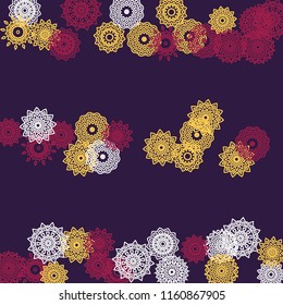 Simple Outline Mandalas on Square Background. Pretty Ethnic Pattern with Round Lacy Medallions In Aztec, Indian or Turkish Style. Bright Tribal Background for Orient Design. Vector